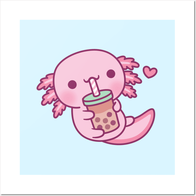 Cute Little Axolotl Loves Bubble Tea Wall Art by rustydoodle